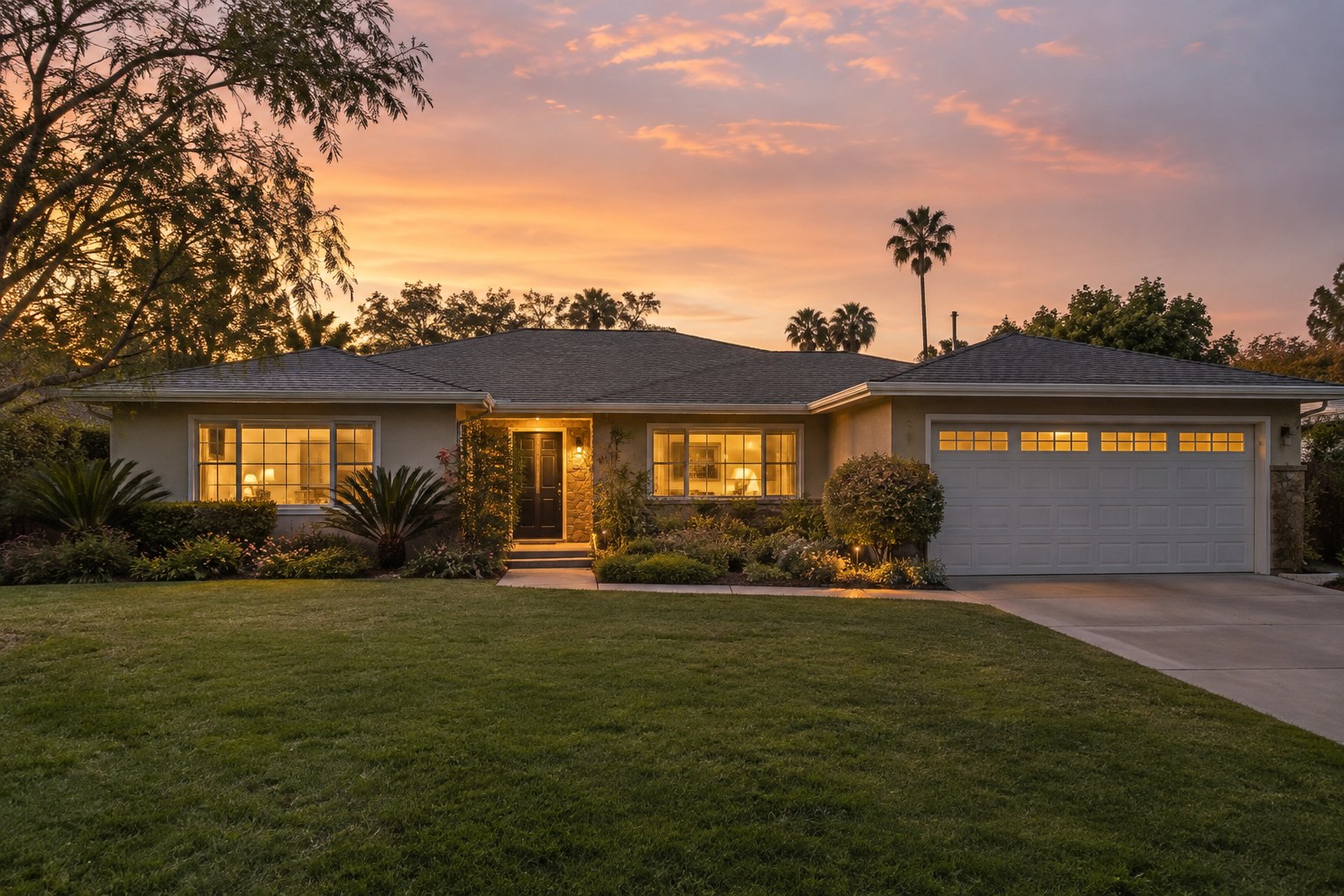 A Newport Beach and Orange County home at dusk, illustrative
