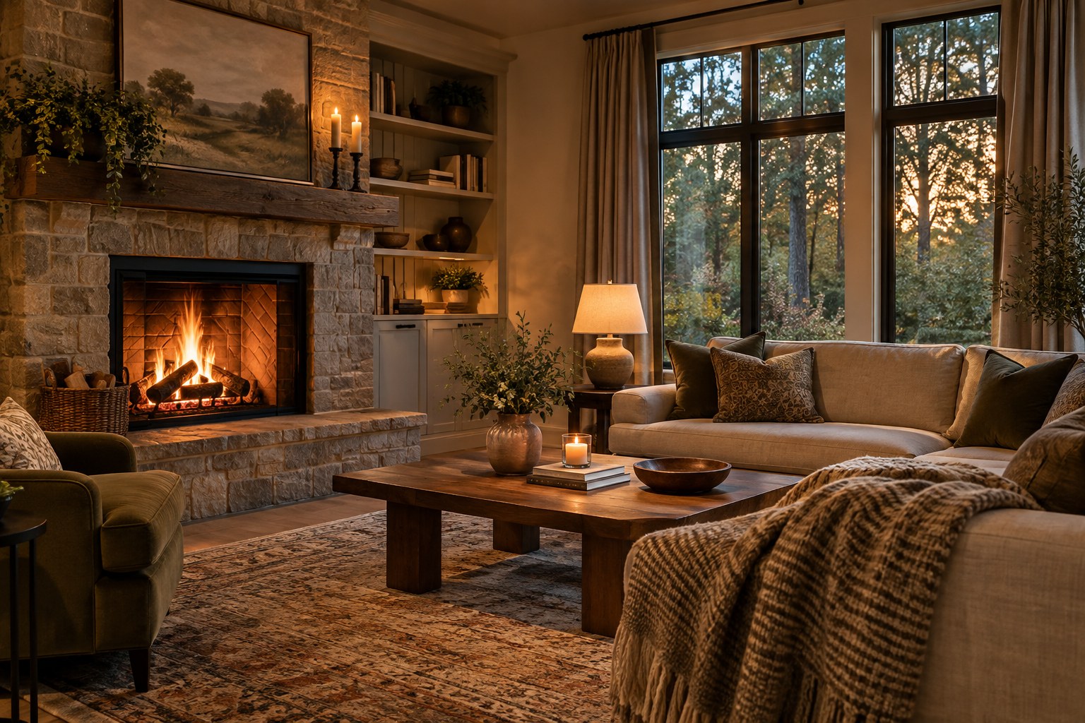 A cozy living room, illustrative