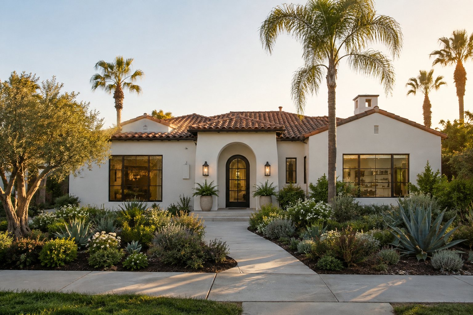 A single story Southern California home in evening light, illustrative