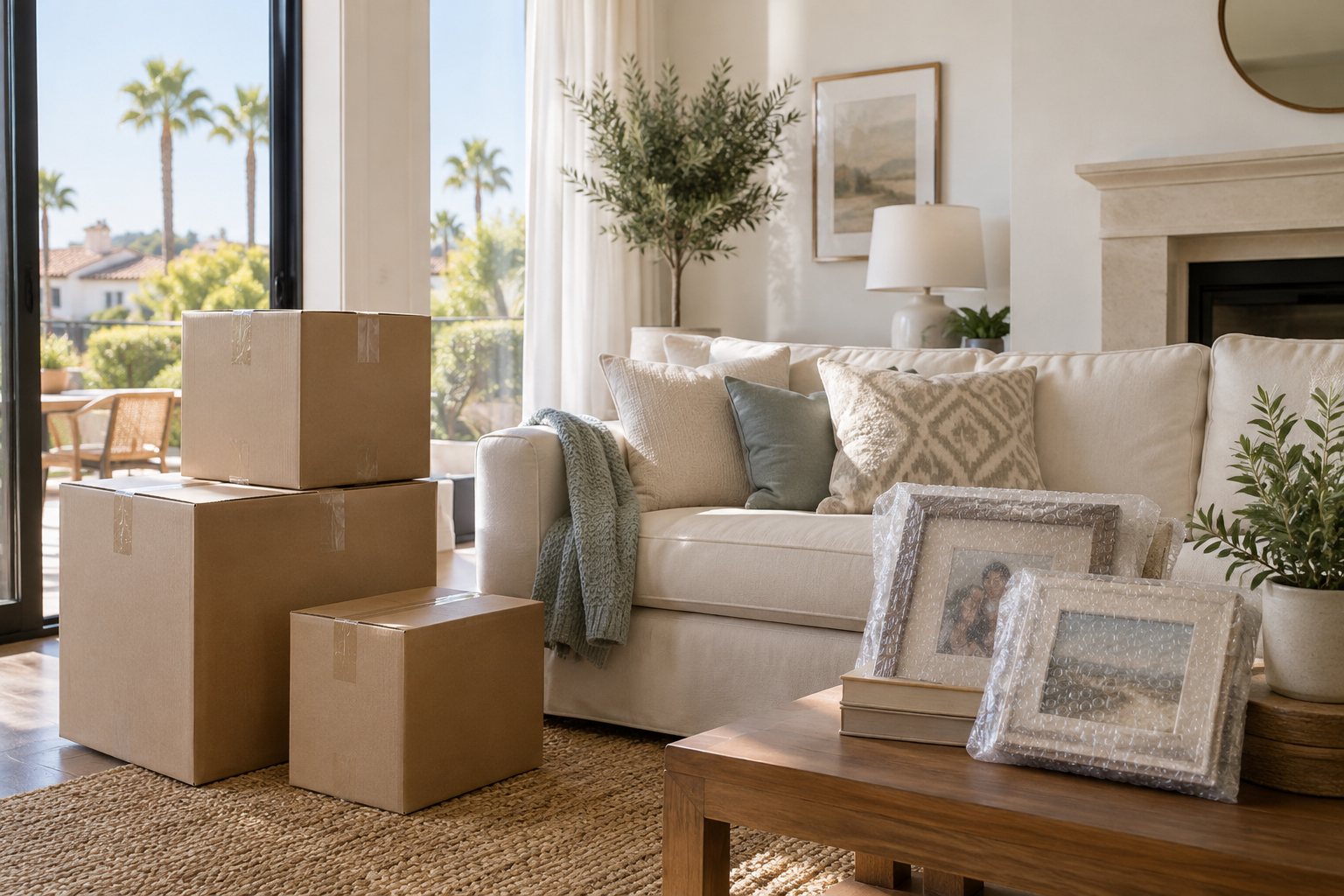 A bright living room with moving boxes, illustrative